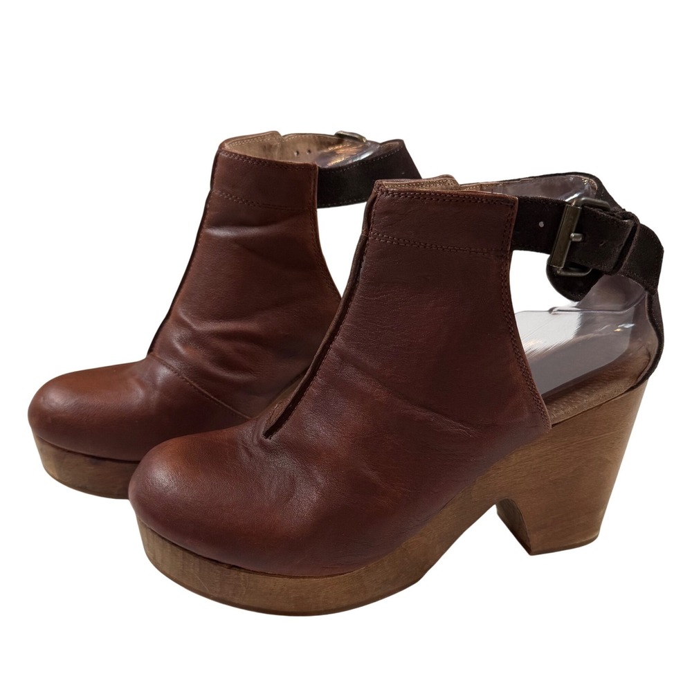 Free People Amber Orchard Clogs Women 38 Brown Leather Platform Chunky Wooden